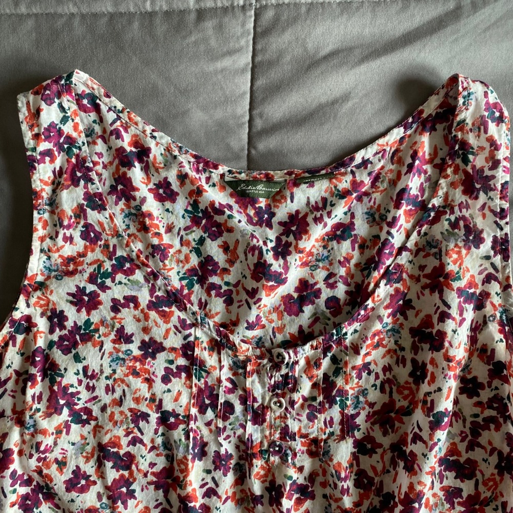 Eddie Bauer Large White Floral Tank Top Cotton Lightweight Spring Summer Buttons - Picture 4 of 10